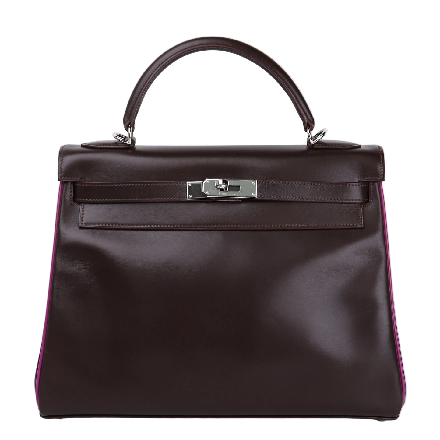 Hermes Kelly 32 Handbag in Box Calf Chocolate/Cyclamen 2005, front view
