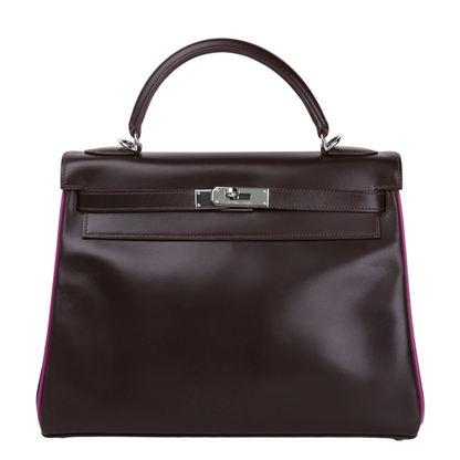 Hermes Kelly 32 Handbag in Box Calf Chocolate/Cyclamen 2005, front view