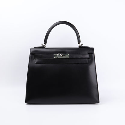 Hermes Kelly 28 Handbag in Box Calf Noir（Black）2006 PHW, front view