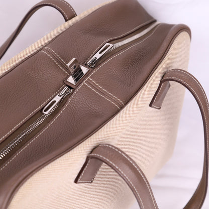 Hermes Victoria 35 Handbag in Taurillon Clemence/Toile Etoupe,zipper 