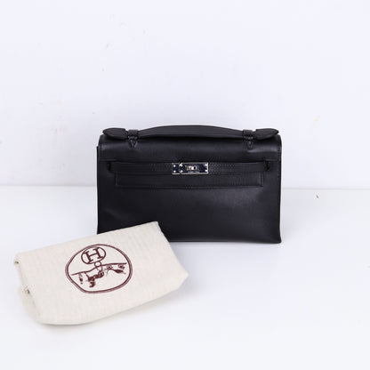 Hermes｜Kelly Pochette Black Handbag Evergrain 2008