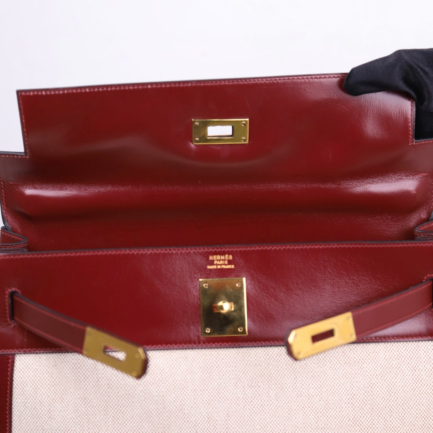 Hermes｜Kelly 32 Handbag Burgundy Box Calf Canvas 1984