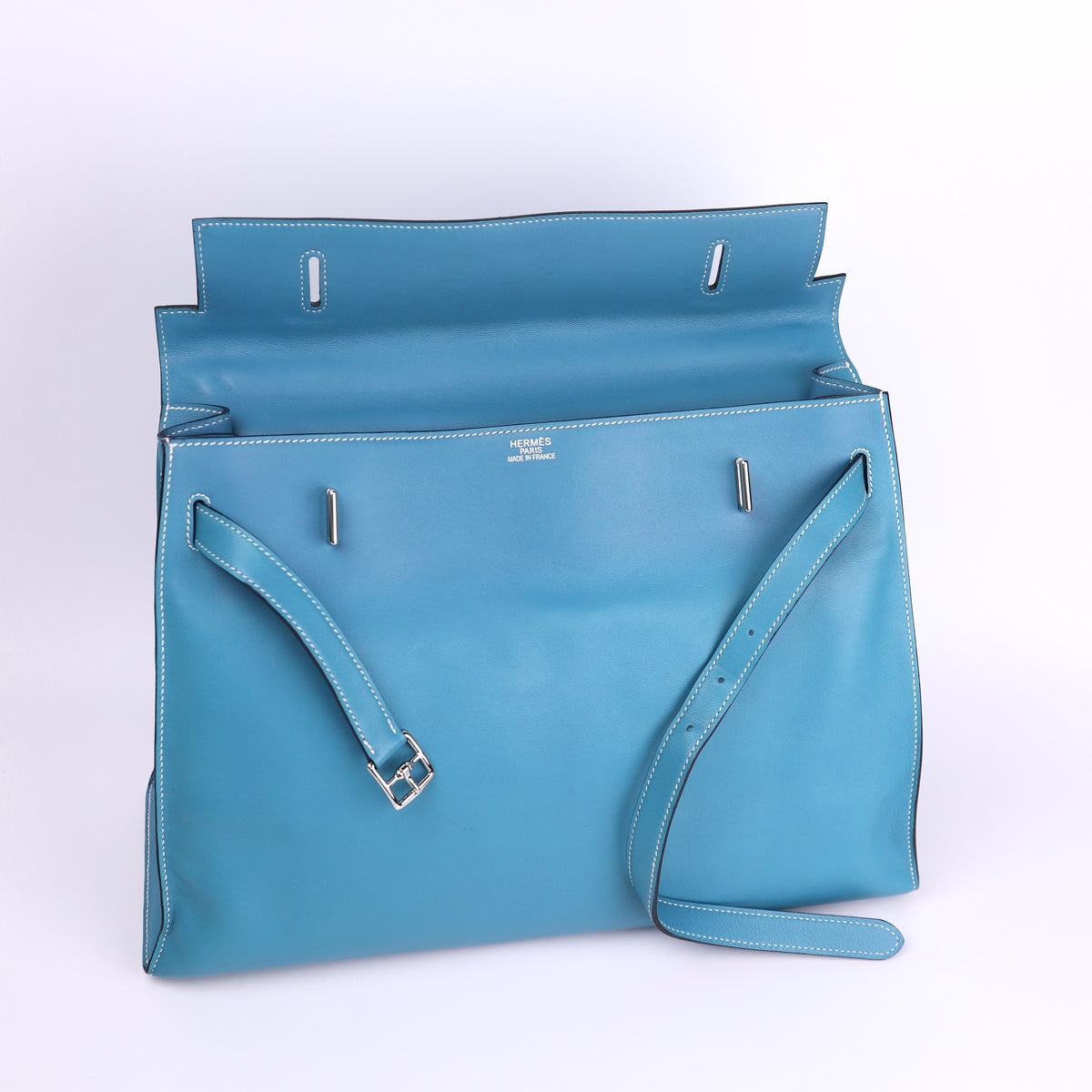 Hermes Kelly Flat 35 in Swift Blue Jean 2007 PHW , flaw(Color irregularity )