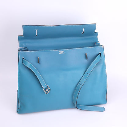 Hermes Kelly Flat 35 in Swift Blue Jean 2007 PHW , flaw(Color irregularity )