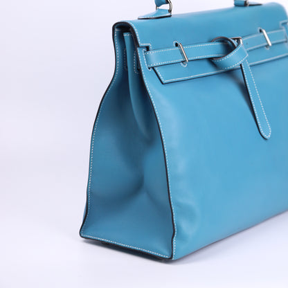 Hermes Kelly Flat 35 in Swift Blue Jean 2007 PHW, left side