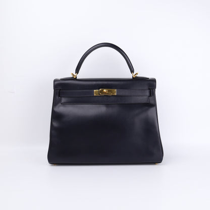 Hermes Kelly 32 in Box Calf Blue Marine 2000, front view