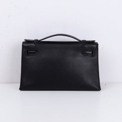 Hermes｜Kelly Pochette Black Handbag Evergrain 2008