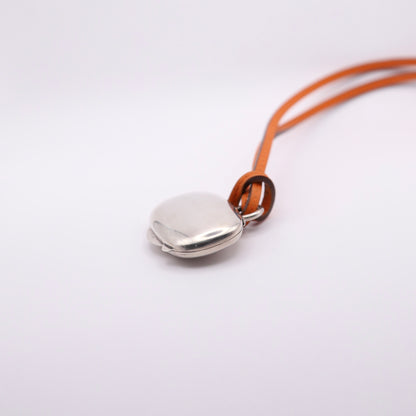 Hermes Sterling Silver 925 Pill Case Orange Leather Necklace