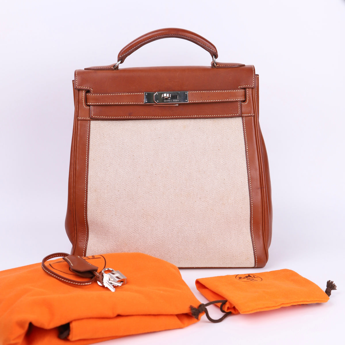 Hermes Kelly Ado GM Backpack in Barenia/Canvas Fauve 2001 PHW,full view