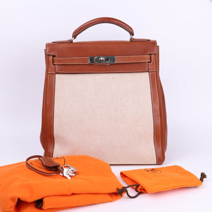 Hermes Kelly Ado GM Backpack in Barenia/Canvas Fauve 2001 PHW,full view