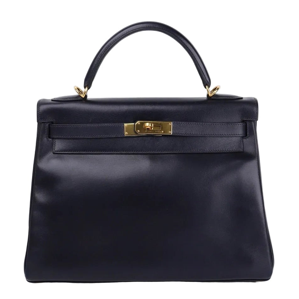 Hermes Kelly 32 in Box Calf Blue Marine 2000, front view