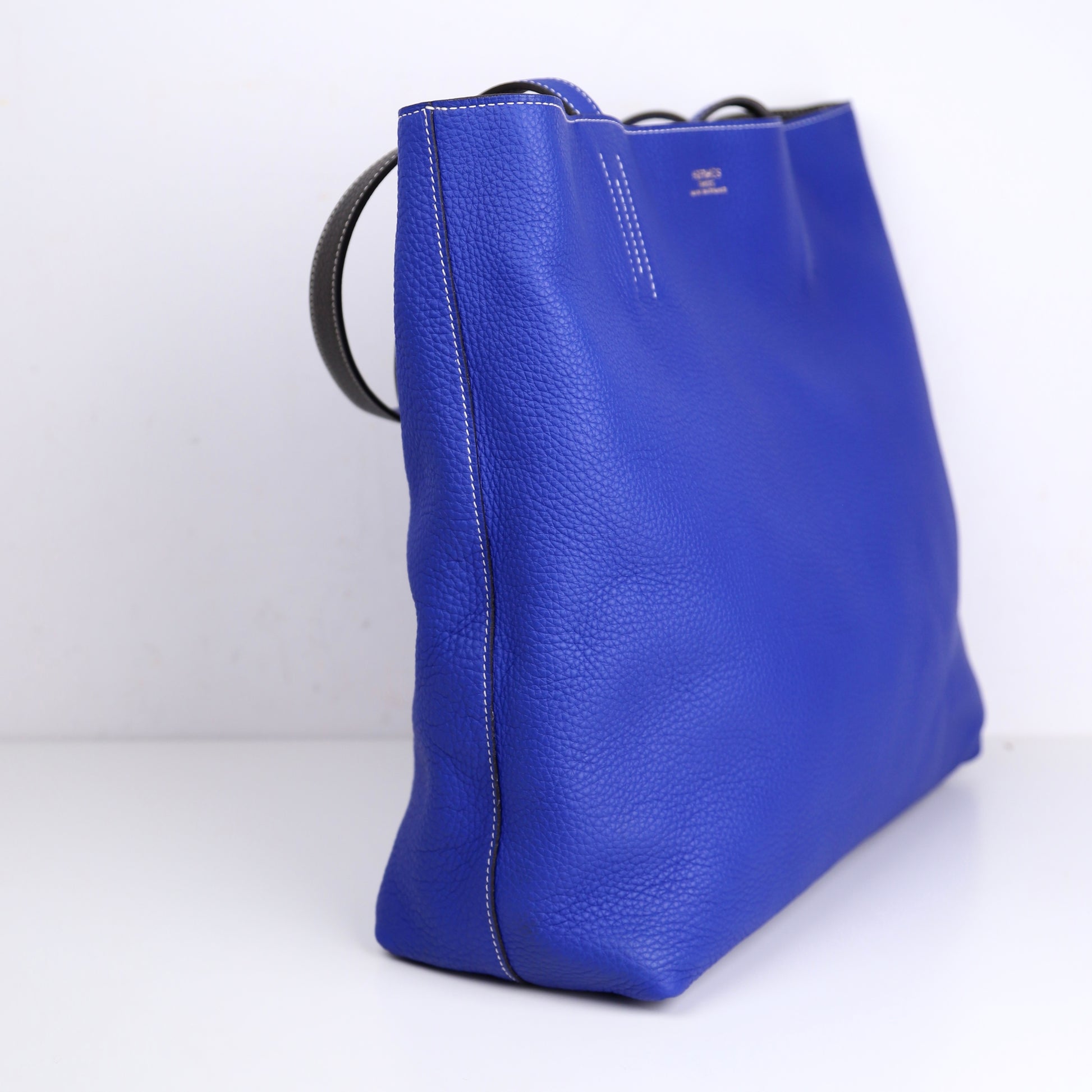 Hermes Double Sens Reversible Tote Bag in Togo Etain / Blue Electric 2010，inside，left side