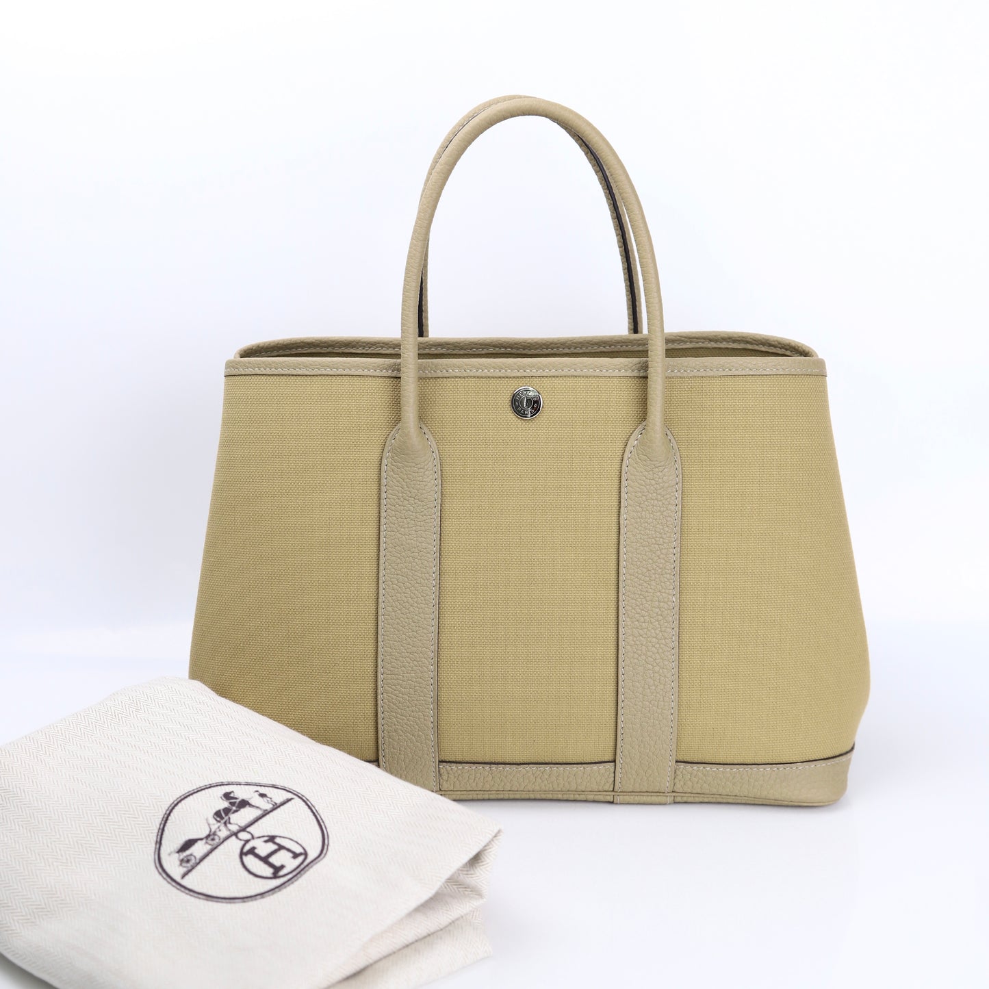Hermes Garden Party TPM Handbag in  Poussiere Buffalo/Canvas 2022, full view
