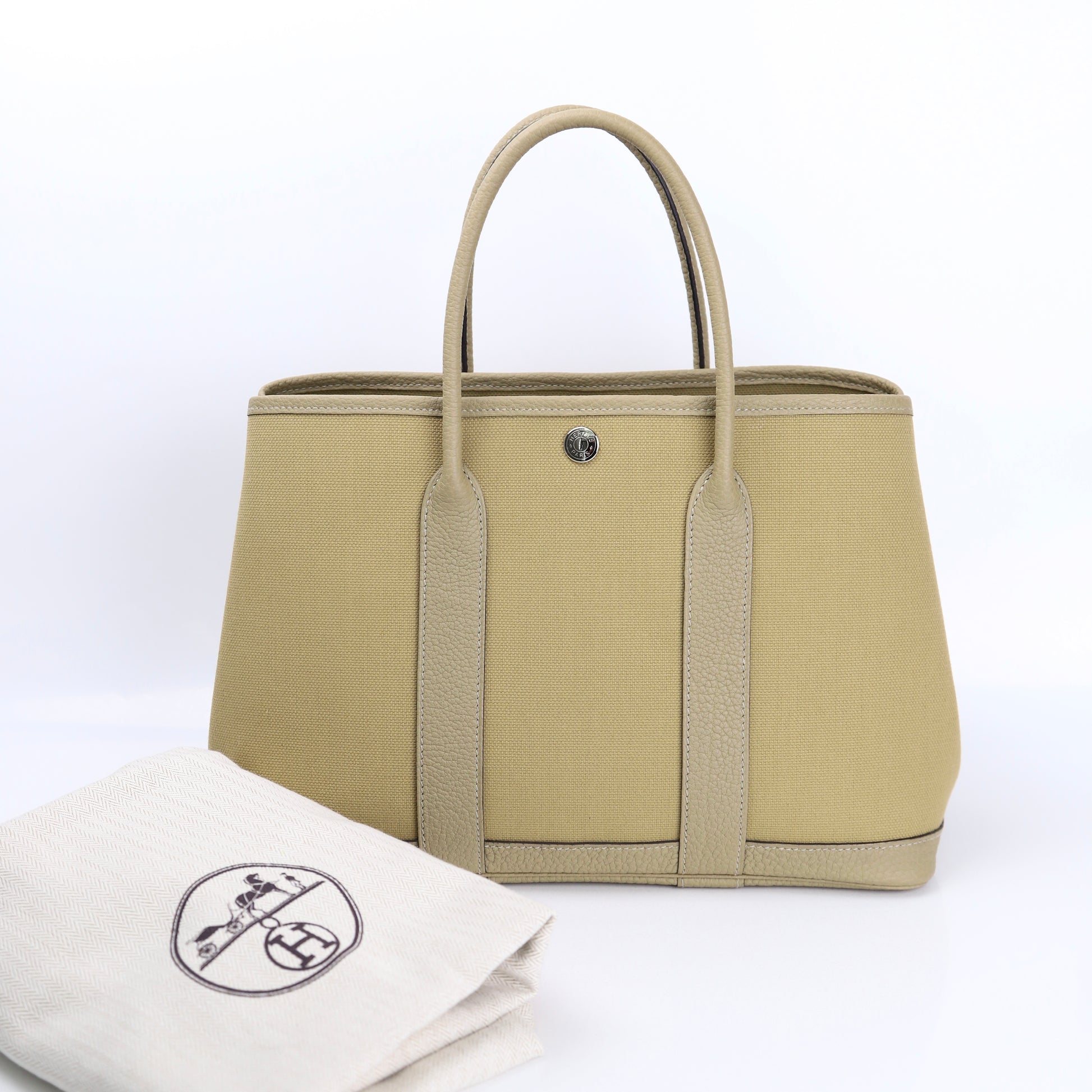 Hermes Garden Party TPM Handbag in  Poussiere Buffalo/Canvas 2022, full view