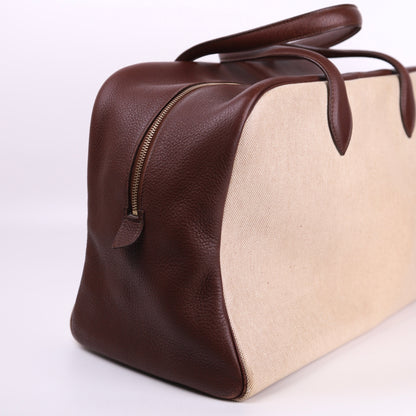 Hermes Victoria 43 Handbag in Togo/Canvas Chocolat，right side