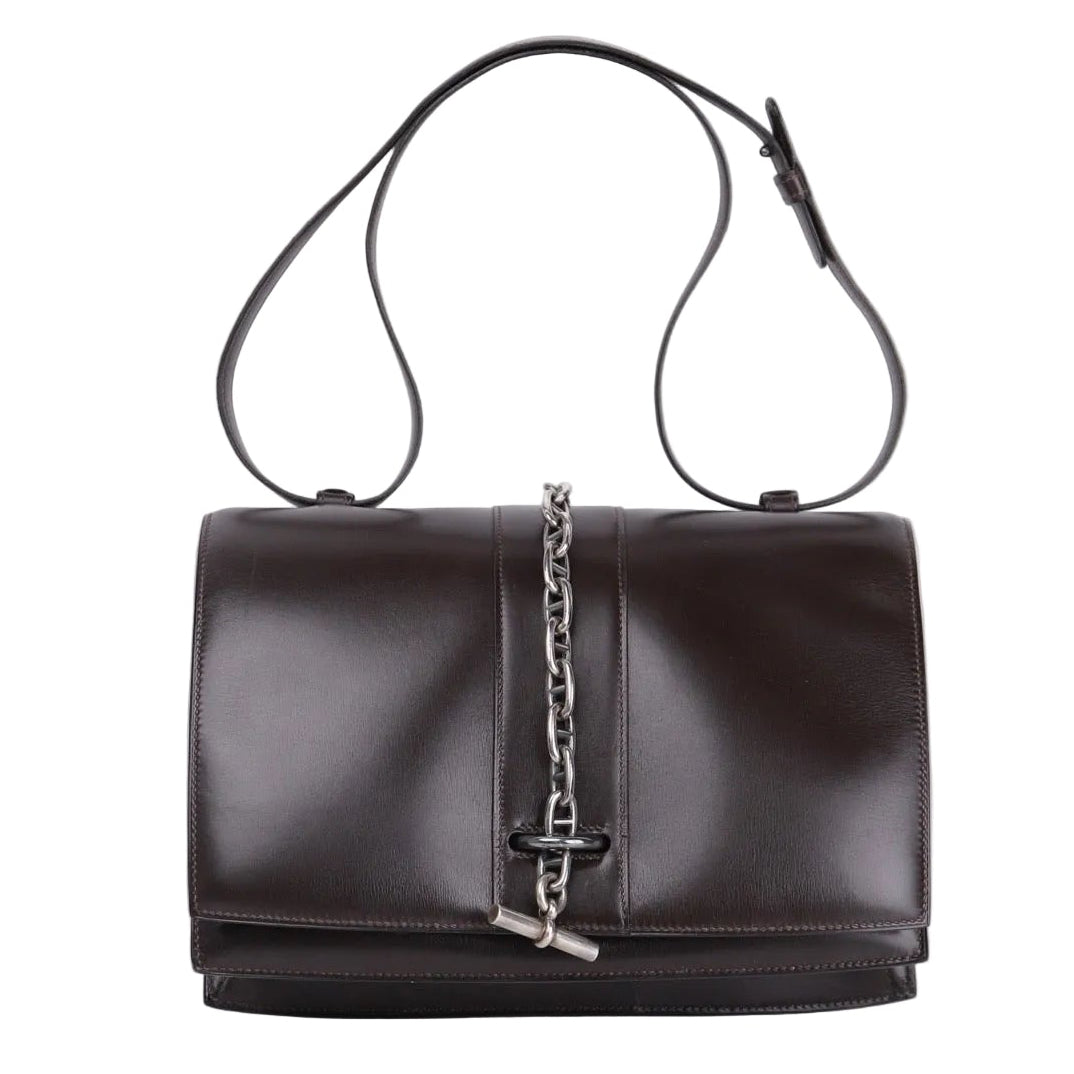 Hermes Sterling Silver Chaine d'Ancre Bag in Box Calf Ebene 1972, front view