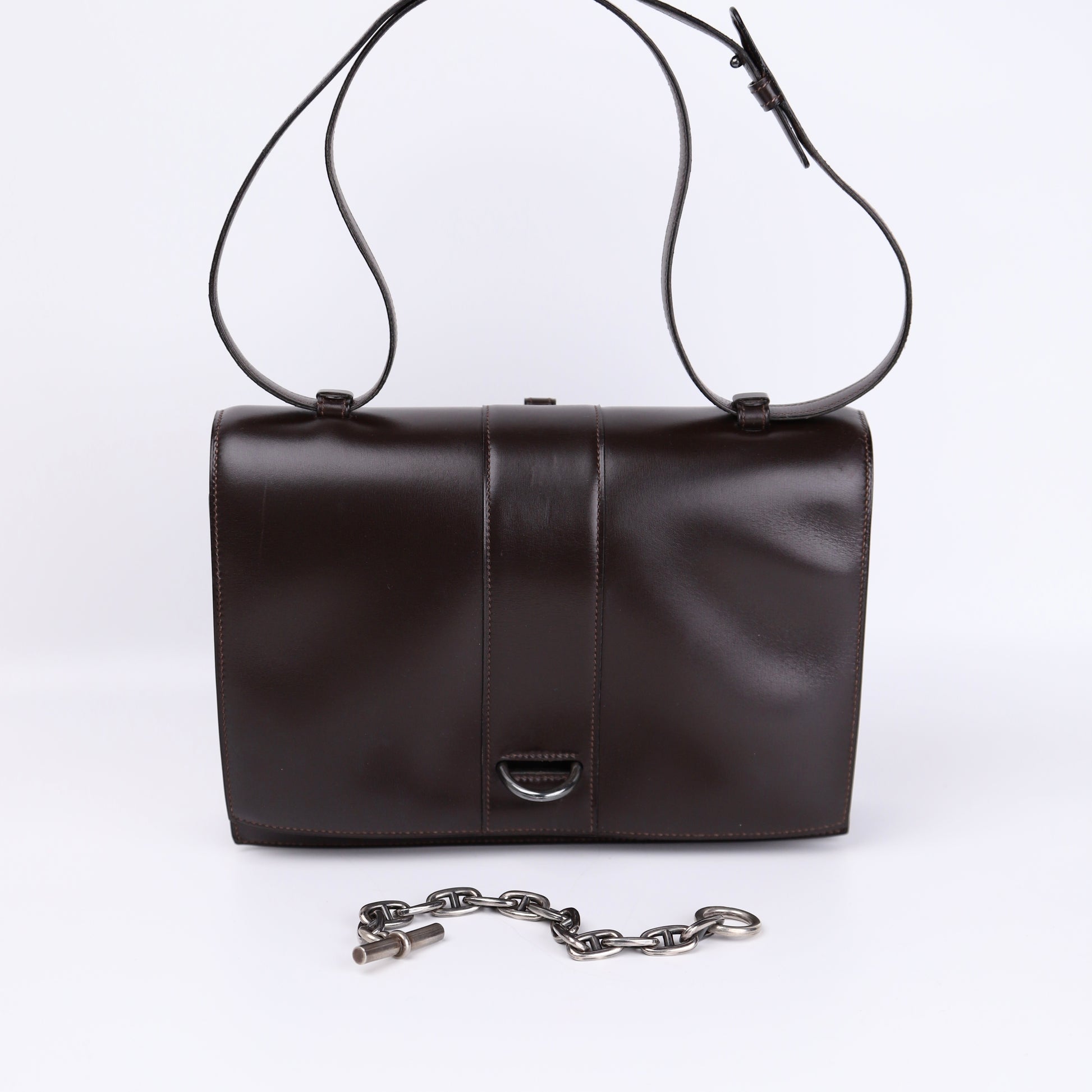 Hermes Sterling Silver Chaine d'Ancre Bag in Box Calf Ebene 1972, front view without chain