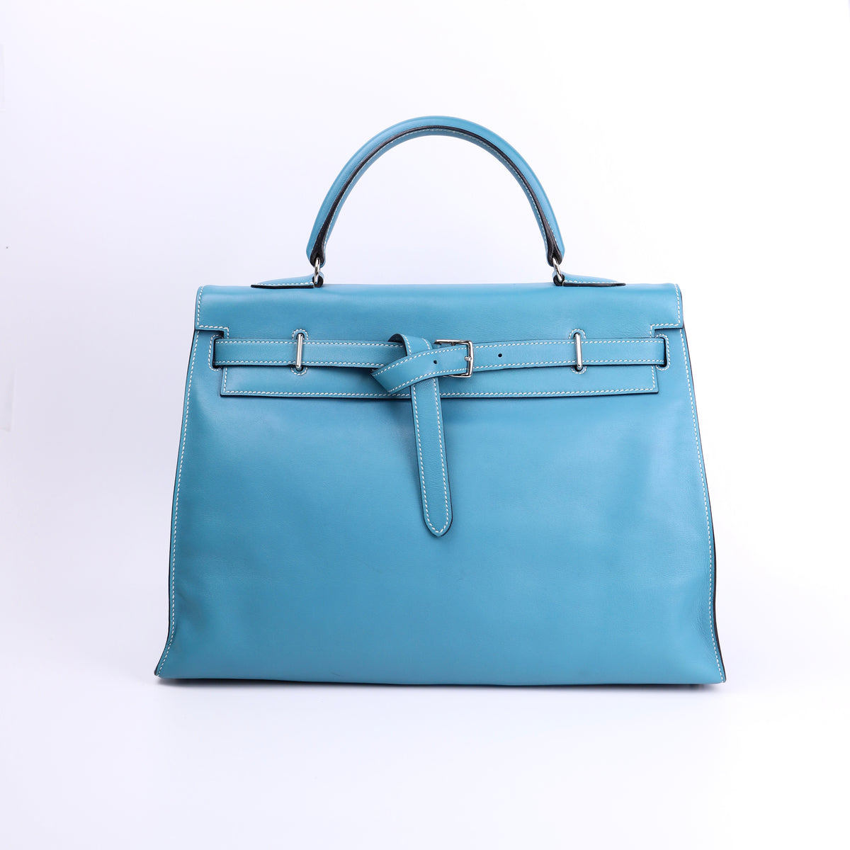 Hermes Kelly Flat 35 in Swift Blue Jean 2007 PHW, front view