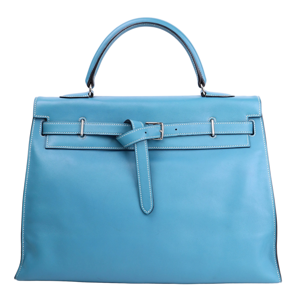 Hermes Kelly Flat 35 in Swift Blue Jean 2007 PHW ,front view