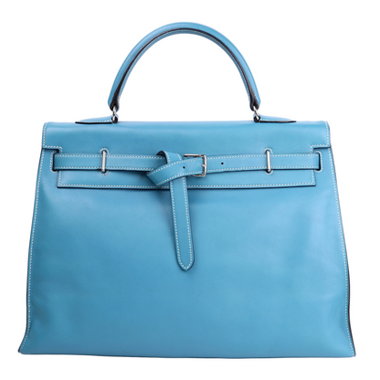 Hermes Kelly Flat 35 in Swift Blue Jean 2007 PHW ,front view