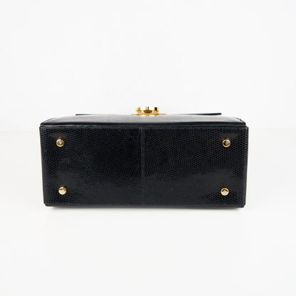 Ferragamo｜ Black Lizard Gancini Handbag