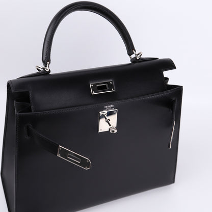 Hermes Kelly 28 Handbag in Box Calf Noir（Black）2006 PHW, hardware, logo