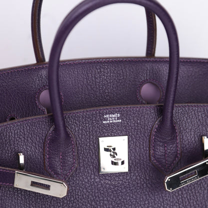 Hermès Birkin 30 Handbag in Chèvre Raisin/Lilas, logo