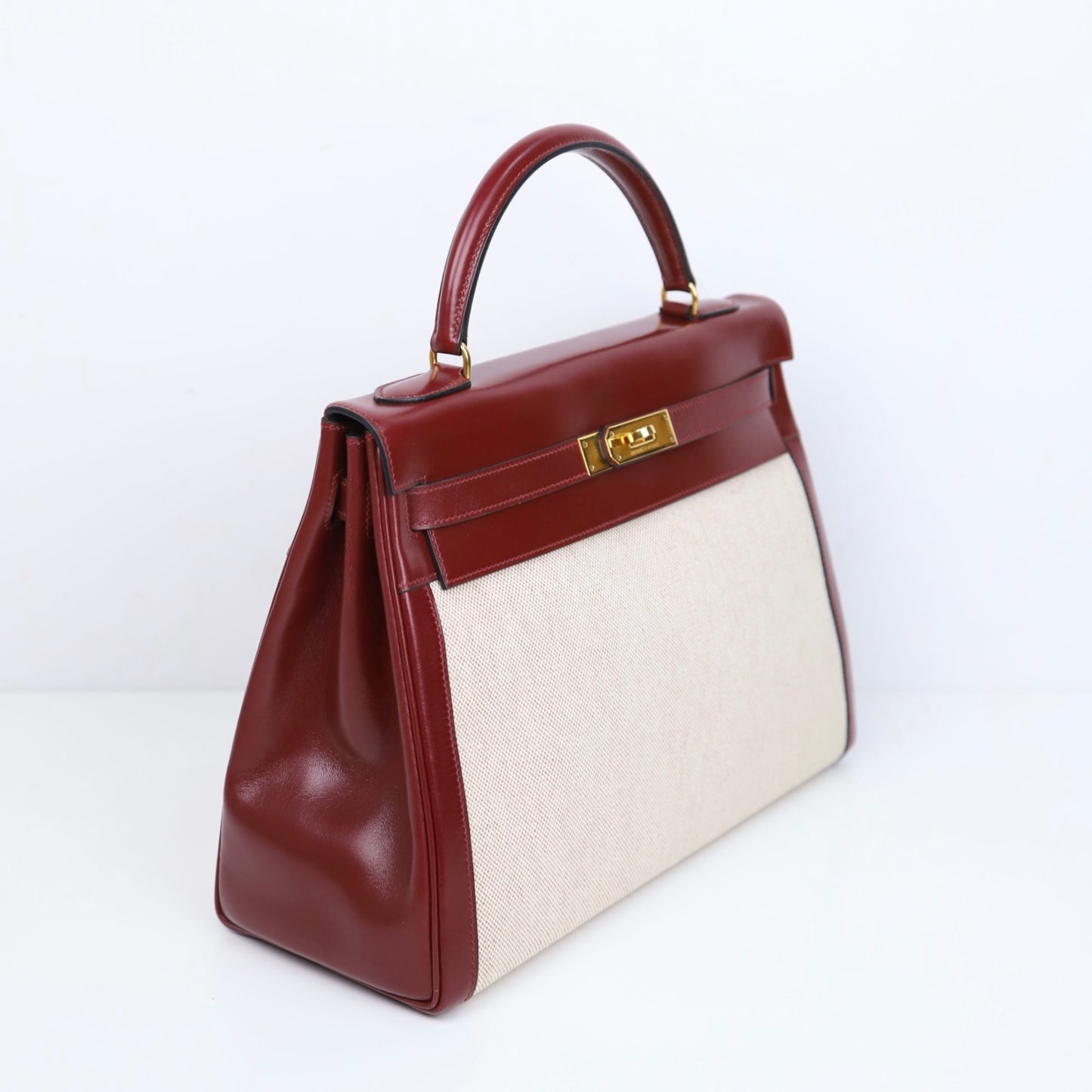 Hermes｜Kelly 32 Handbag Burgundy Box Calf Canvas 1984