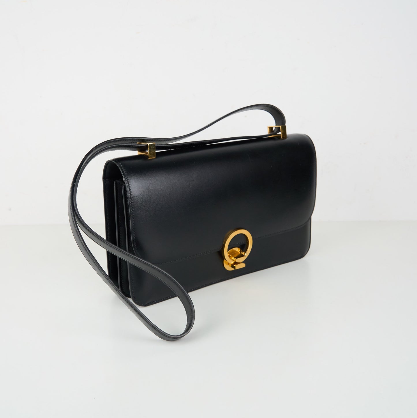 Hermes |Vintage  Ring Shoulder Bag box calf  Black 1991