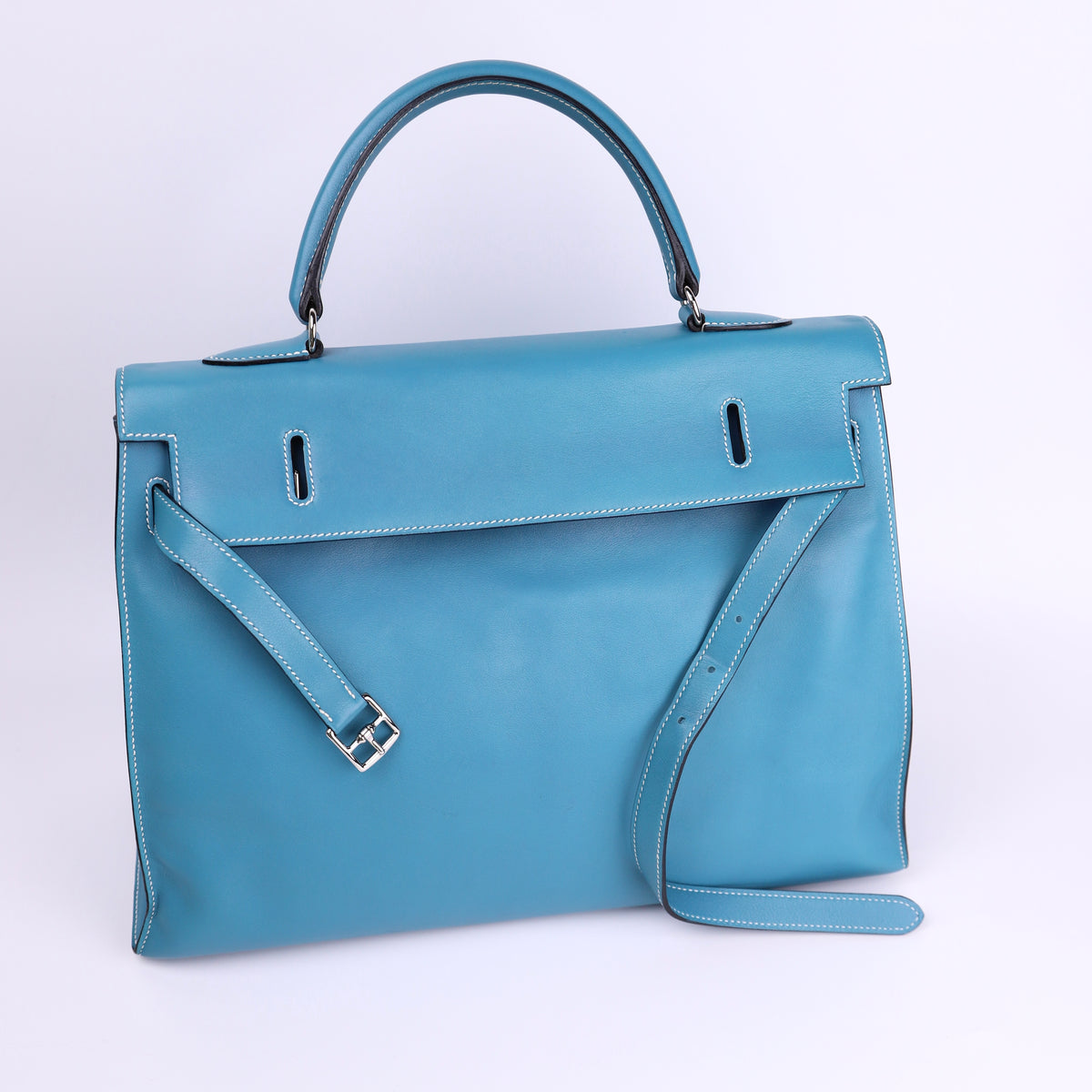 Hermes Kelly Flat 35 in Swift Blue Jean 2007 PHW, front view