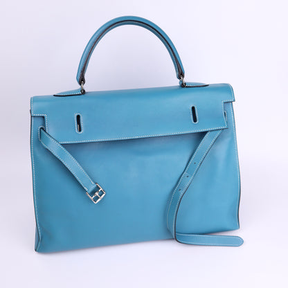 Hermes Kelly Flat 35 in Swift Blue Jean 2007 PHW, front view