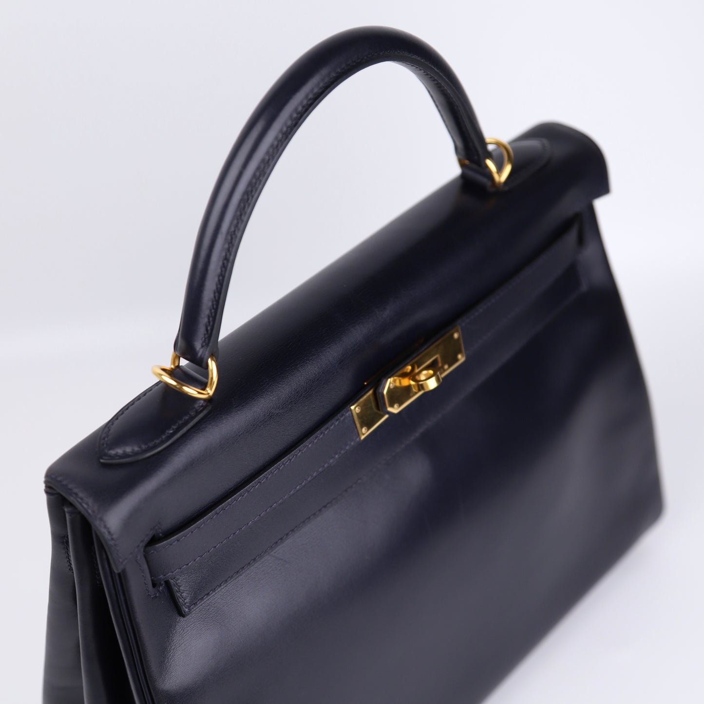 Hermes Kelly 32 in Box Calf Blue Marine 2000, hardware