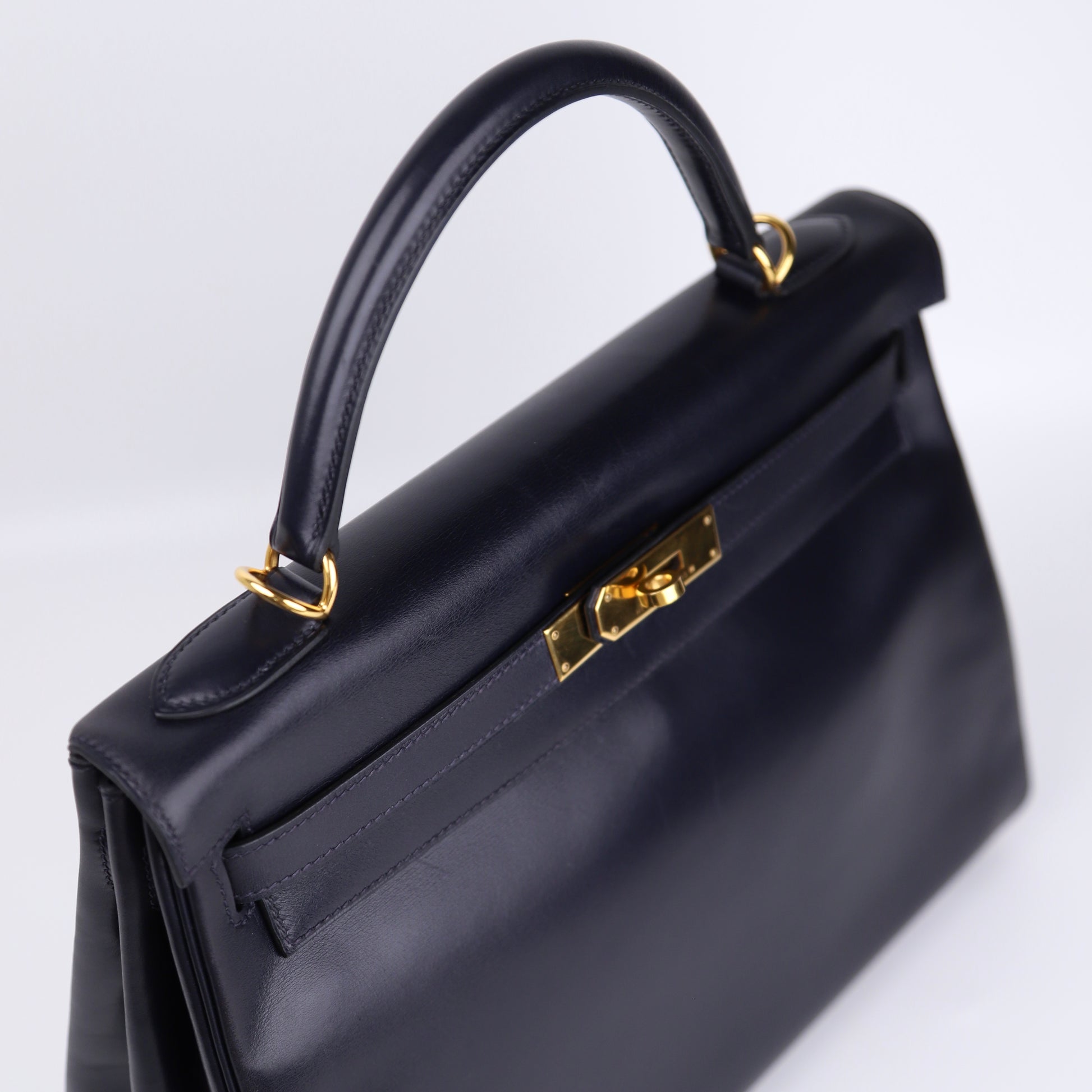Hermes Kelly 32 in Box Calf Blue Marine 2000, hardware