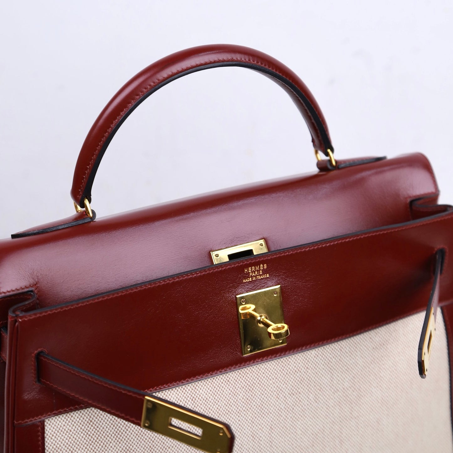 Hermes｜Kelly 32 Handbag Burgundy Box Calf Canvas 1984