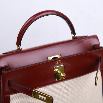Hermes｜Kelly 32 Handbag Burgundy Box Calf Canvas 1984