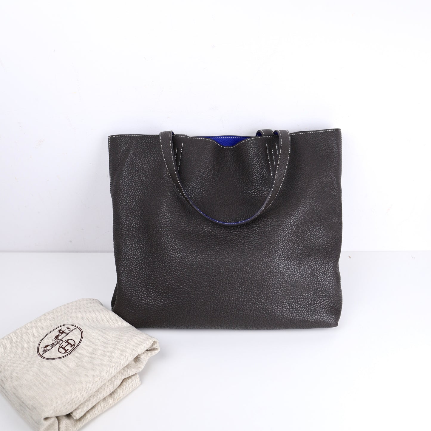 Hermes Double Sens Reversible Tote Bag in Togo Etain / Blue Electric 2010，full view
