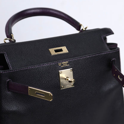Hermes｜Special Order Kelly 28 Handbag Black/Raisin Cherve 2019
