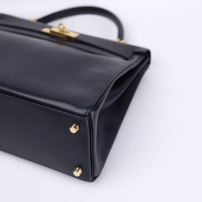 Hermes Kelly 32 in Box Calf Blue Marine 2000, corner2