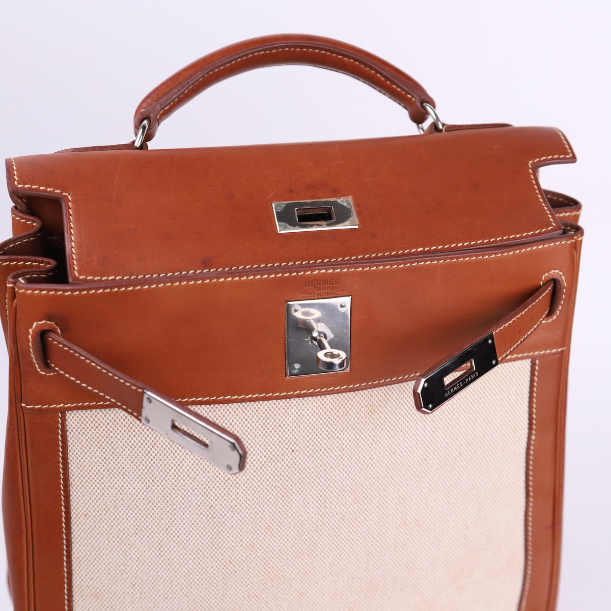 Hermes Kelly Ado GM Backpack in Barenia/Canvas Fauve 2001 PHW, logo