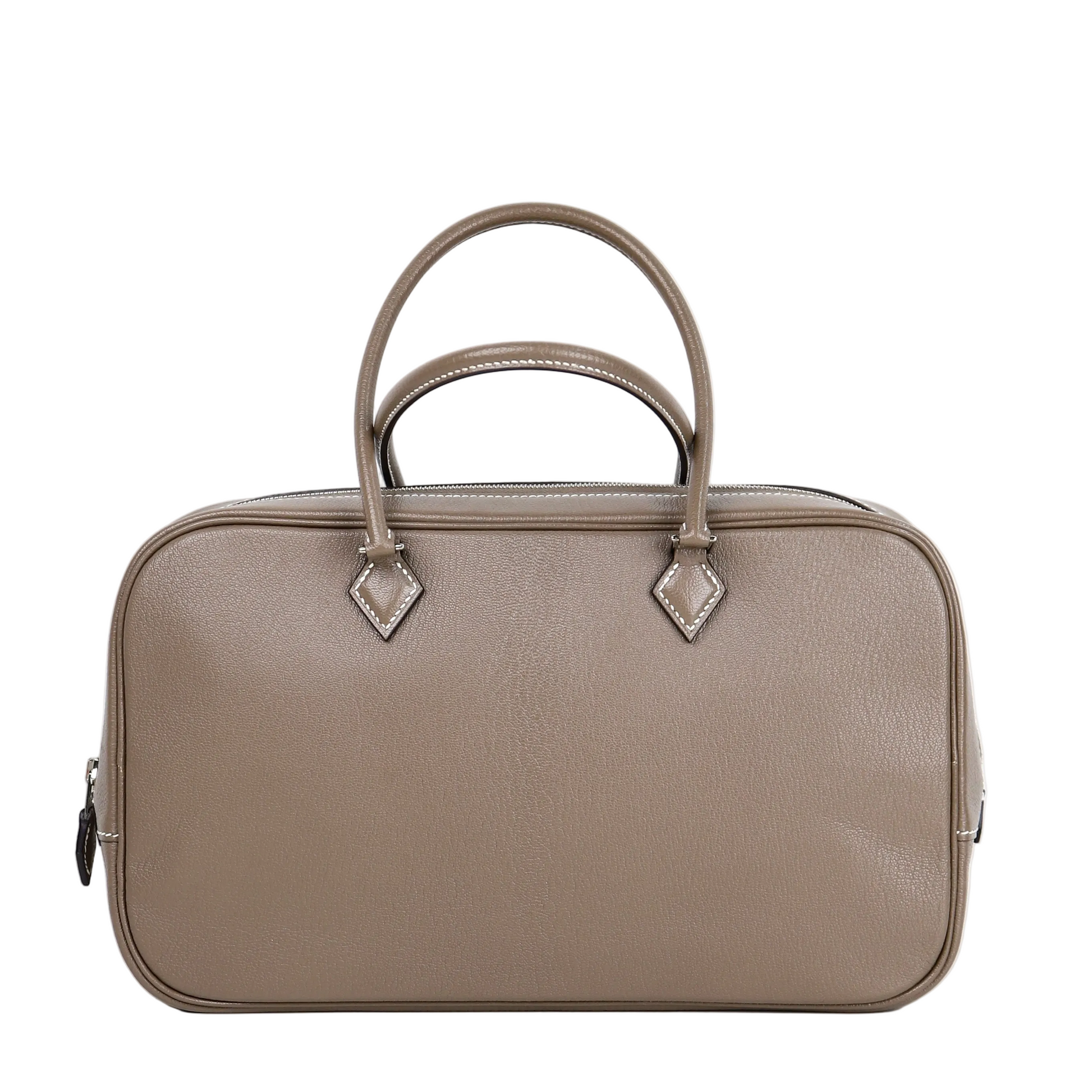 Hermes Plume elan 28 Handbag in Etoupe Chevre/Mysore 2016, front view