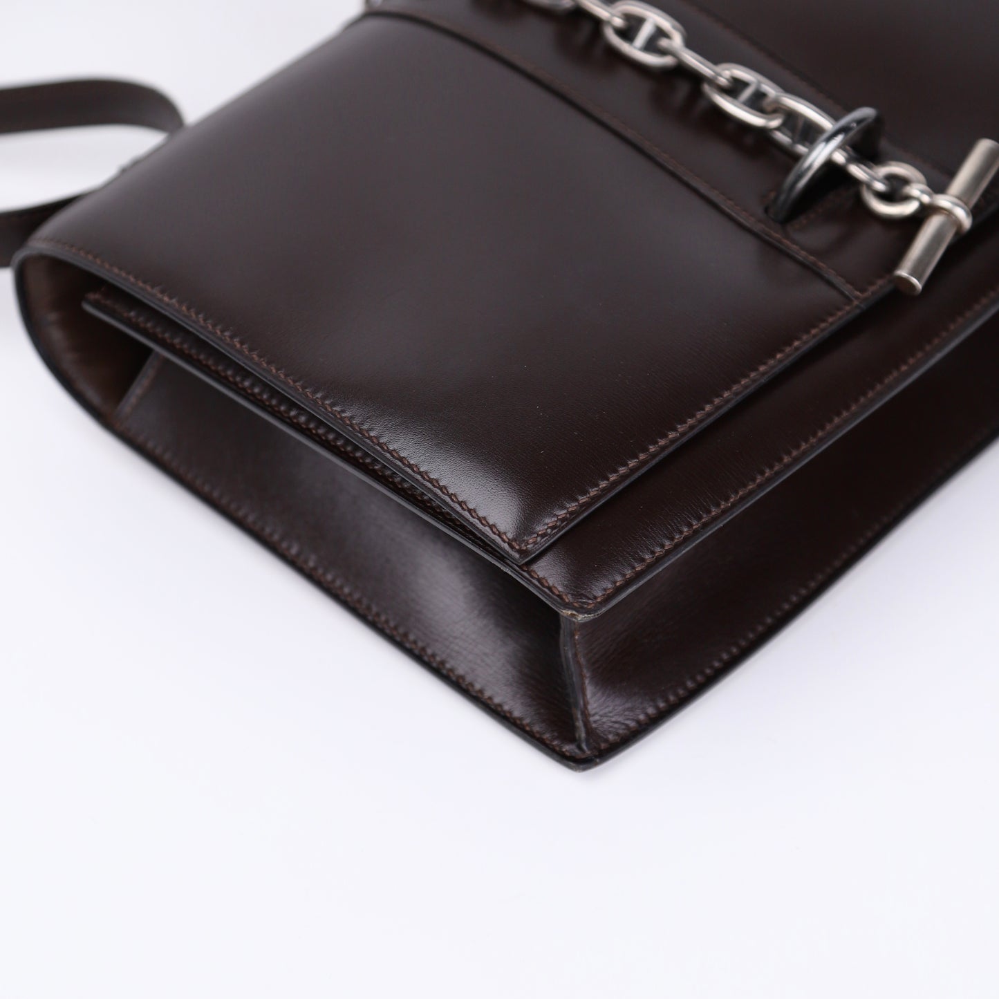 Hermes Sterling Silver Chaine d'Ancre Bag in Box Calf Ebene 1972, corner1