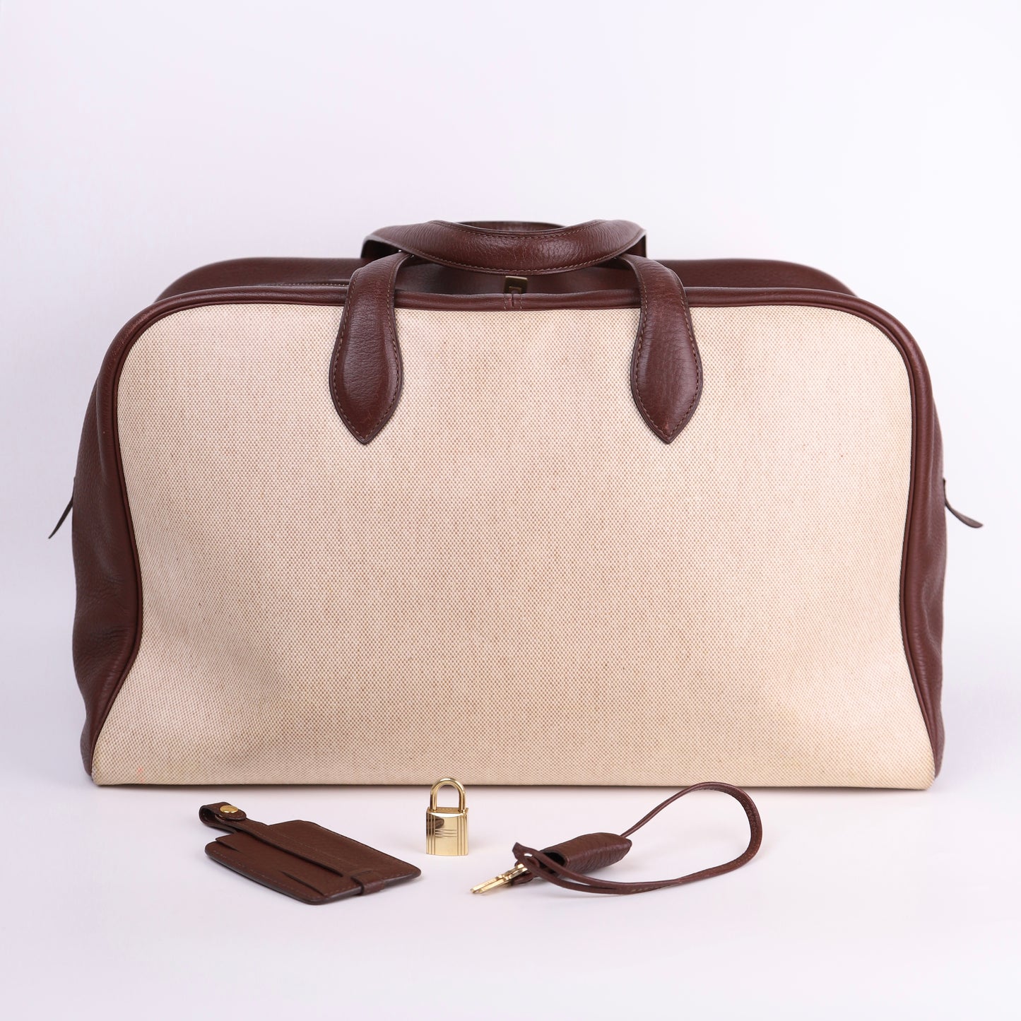 Hermes Victoria 43 Handbag in Togo/Canvas Chocolat，full view