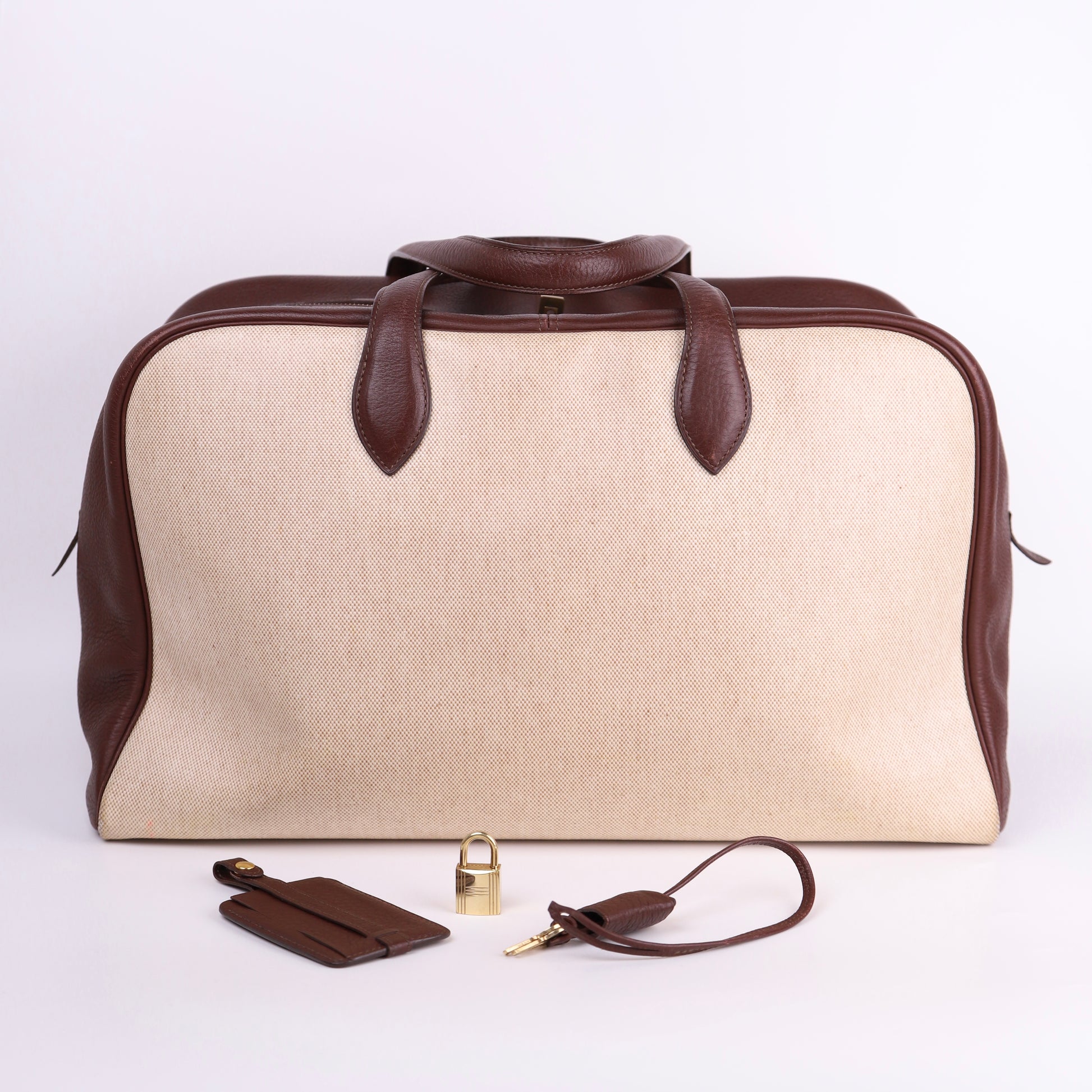 Hermes Victoria 43 Handbag in Togo/Canvas Chocolat，full view
