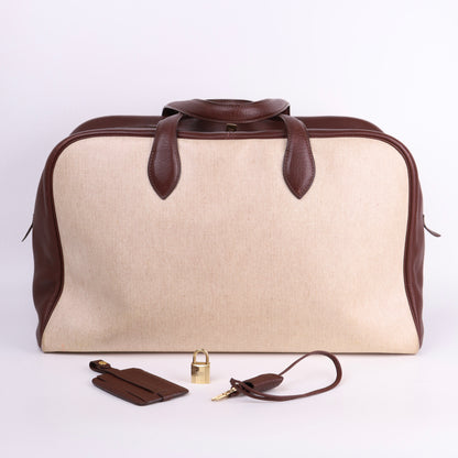 Hermes Victoria 43 Handbag in Togo/Canvas Chocolat，full view