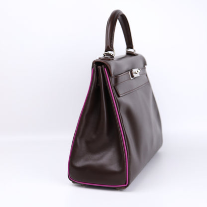 Hermes Kelly 32 Handbag in Box Calf Chocolate/Cyclamen 2005, left side