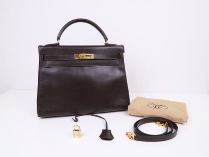 Hermes｜ Kelly 32 Handbag Chocolate 1995 Box Calf